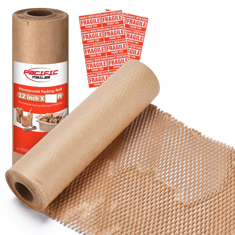 Pacific Mailer Honeycomb Packing Paper Pacific Mailer 12"" x 65' Moving Paper Bubble Cushioning Wrap with 20 Fragile Sticker Labels - Image 1